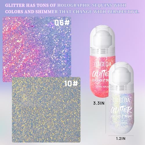 DAGEDA 2Colors Roll-on Body Glitter Gel for Body, Hair, Face, Holographic Glitter Makeup for Rave Accessories, Body Shimme...