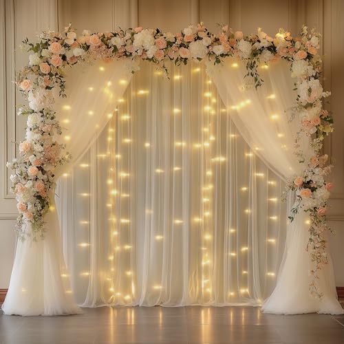 Fomcet Champagne Backdrop Curtains with Lights String 10X10FT Polyester Fabric & Tulle Curtains Backdrop Drapes for Back D...