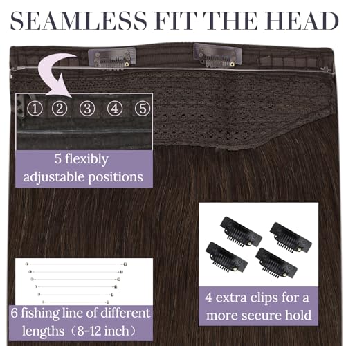 Fshine Invisible Wire Hair Extensions Real Human Hair 20 In Dark Brown Layered Hairpiece Wire Hidden Human Hair with Adjustable Fish Line 80 G Clip ins Straight Hair