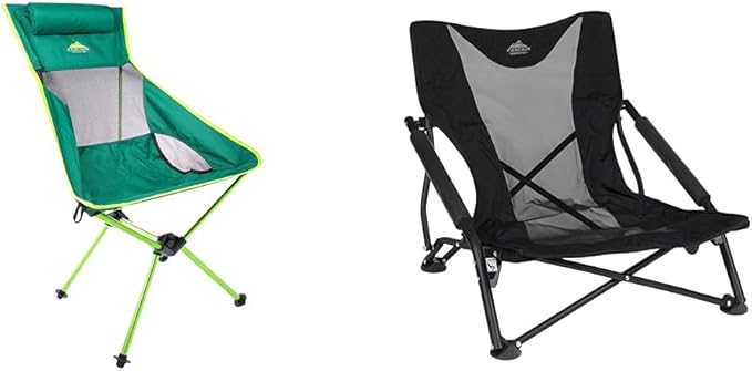 Cascade Mountain Tech Camping Chairs 2-Pack - High Back Chair with Headrest and Low Profile Folding Chair