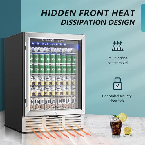 EUHOMY 24 Inch Beverage Refrigerator, 180 Can Built-in Beverage Cooler, Under Counter Beer Fridge with Glass Door for Sod...