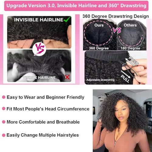 Half Wig Human Hair 200% Density 3 In 1 Seamless Flip Over headband wig human hair Glueless Wear and Go Beginner Friendly Kinky curly human hair wig Drawstring Headband Wig for Women 16inch