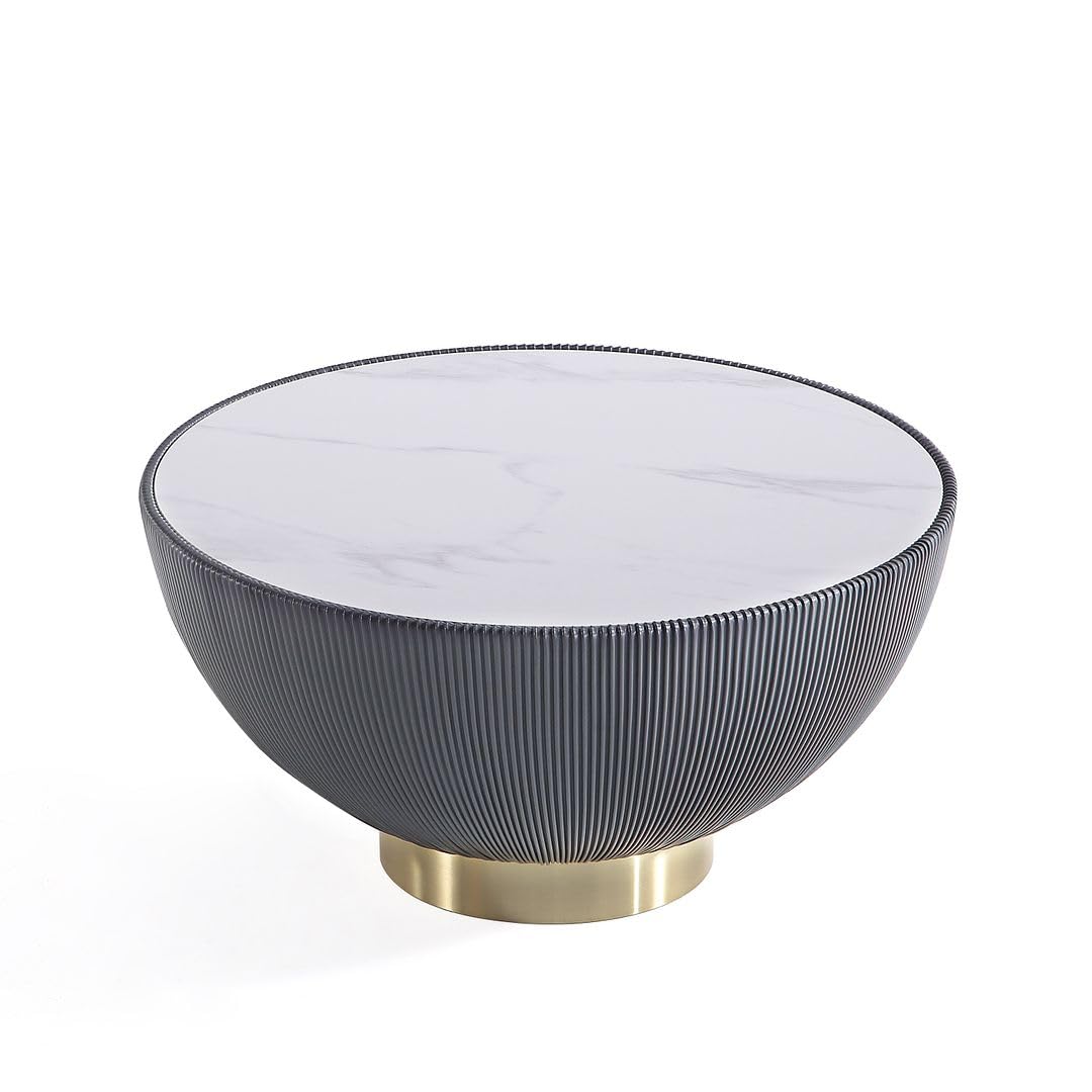 Manhattan Comfort Anderson Modern Low-Profile Round Coffee Table – Ceramic Marble Tabletop, Pleated Leatherette Detail, Gold Base, Fully Assembled Accent Table, Set of 1, Grey