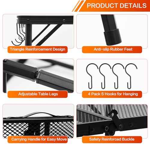 Outdoor Grill Camping Folding Table 3 Ft, Aluminium Picnic Table - Portable, Lightweight, Compact & Height Adjustable Collapsible Patio BBQ Garden Table