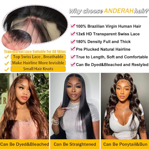 Anderah 26 Inch 13x6 Body Wave Lace Front Wigs Human Hair 13x6 HD Lace Glueless Human Hair Wig Pre Plucked Natural Hairline Brazilian Human Virgin Hair Long Black Body Wave Wig for Women 180% Density