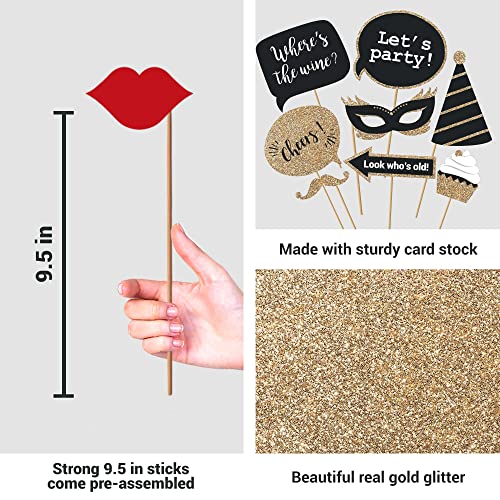 Fully Assembled Birthday Photo Booth Props. 30 Piece Box Set of Black & Gold Selfie Party Supplies and Decorations Kit wit...