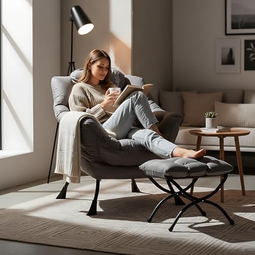 Welnow Lazy Chair with Ottoman, Modern Lounge Accent Chair with Armrests and a Side Pocket, Leisure Sofa Armchair, Reading...