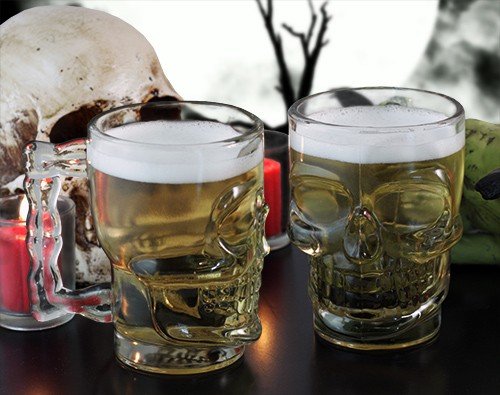 Circleware Skull Face Beer Mug Drinking Glasses with Handle, Set of 2, Heavy Base Funny Entertainment Glassware for Water, Juice and Halloween Decorations Beverage Gifts, 17.6 oz.