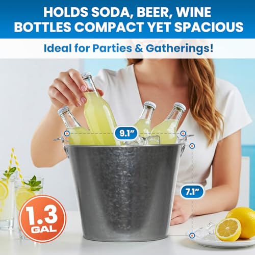 PLEXON Galvanized Metal Ice Bucket for Parties Coctail Bar Restaurant Set of 3 - Drink Beer Champagne Metal Pail Bucket wi...
