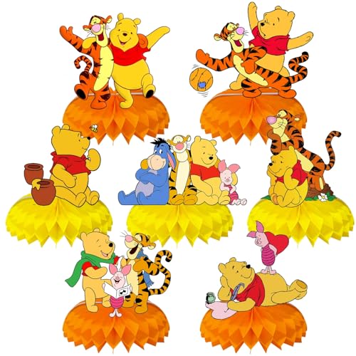 Winnie Birthday Party Supplies, 7Pcs Honeycomb Centerpieces for Winnie Party Decorations, Double Sided Table Decorations C...