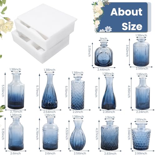 TBWIND 12Pcs Blue Glass Bud Vases Set, Small Vases for Flowers, Perfect for Centerpieces at Parties, Baby Showers, Wedding...
