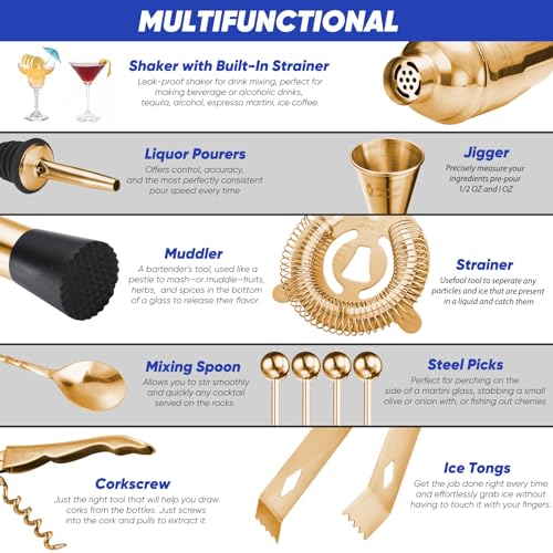 14PC Bartender Kit - Gold Cocktail Shaker Set - All Barware Essentials for Drink Mixing Includes Stand, Martini Shaker, Ji...