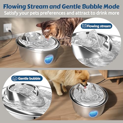 ORSDA Stainless Steel Cat Water Fountain, 100oz/3L Automatic Pet Drinking Fountain, Dog Water Dispenser Bowl with LED Wind...