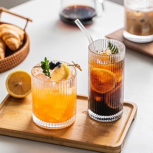 INSETLAN 12-Piece Ribbed Glassware - 6 Highball Glasses 12 oz, 6 Rocks Glass Cups 14 oz, Vintage Cocktail Drinking Glasse...