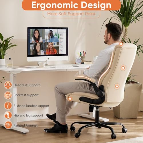 Sweetcrispy Ergonomic Office Chair Heavy Duty Task Desk Chair with Flip-up Arms, PU Leather, Adjustable Swivel Rolling Cha...