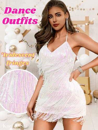 Kaei&Shi Sequin Fringe Romper,Sparkly Glitter Metallic Jumpsuits For Women,Backless Shorts Dress Disco Birthday Dance Outfit