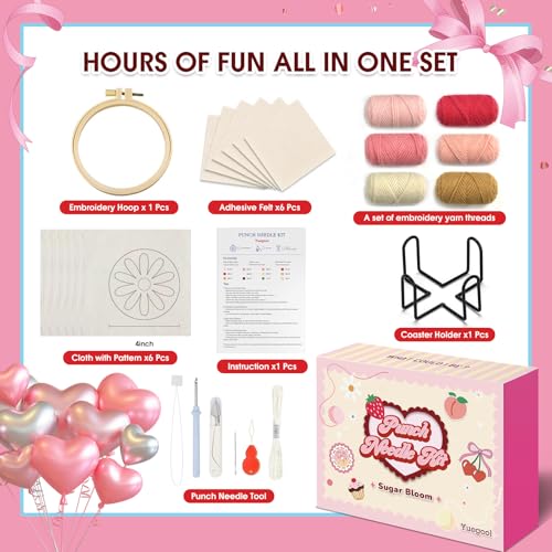 yuegool 6PCS Punch Needle Coaster Kit, Easy DIY Embroidery Set for Beginners & Adults with Patterns, Tools, Yarns, Hoop, I...