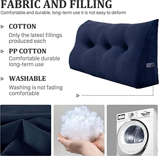 Wedge Headboard Pillow Dorm Room Reading Pillow Back Support for Sitting Up in Bed Bolster Lumbar Cushion Body Positioning Bedrest Corduroy (Navy Blue, Twin (39 * 8 * 20in))