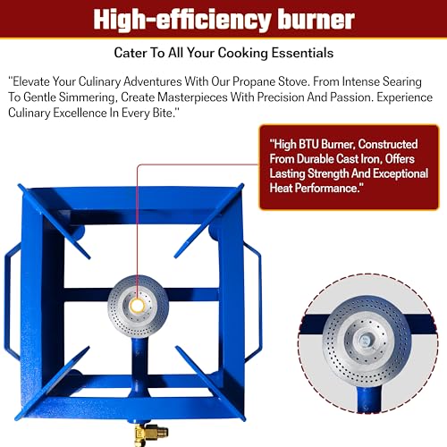 Sonret Single Burner Propane Stove - with Hose & Adjustable 0-20 Psi Regulator - High BTU Propane Burner - Square Portable...