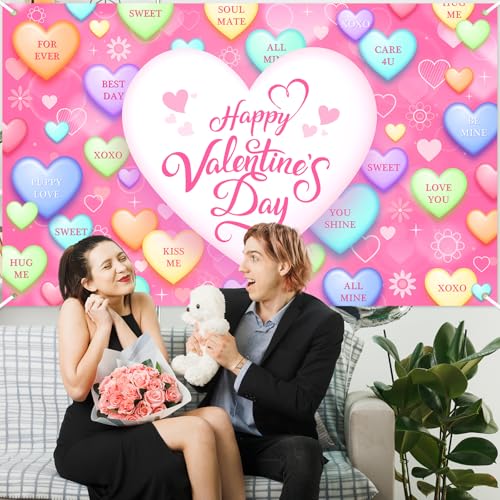 Mocsicka Valentines Day Backdrop Sweet Conversation Hearts Valentines Day Banner Party Decorations Photo Booth Props (Pin...