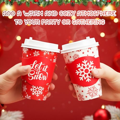 Potchen 24 Sets 12oz Winter Snowflake Coffee Cups with Lids and Sleeves Red Christmas Snowflake Paper Drinking Cups For Xm...