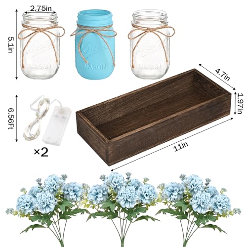 BLEUM CADE Centerpiece Table Decorations - 3Pcs Hydrangea Artificial Flowers in Mason Jars with Wood Tray for Dining Table...
