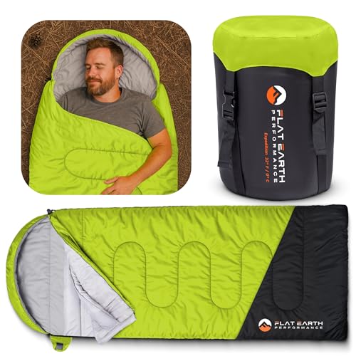 Flat Earth Performance Expedition Sleeping Bag with Compression Sack – 32°F/0°C for Teens/Adults Up to 6'2", Lightweight, ...