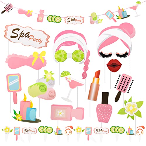 29Pcs Spa Photo Booth Props with Stick Spa Party Decorations Makeup Birthday Party Supplies for Girls Women Makeup Selfie ...