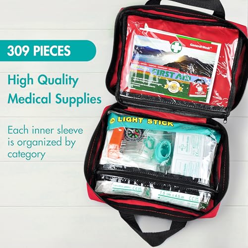 General Medi First Aid Kit -309 Pieces- Reflective Bag Design - Including Bandages, Moleskin Pad and Emergency Blanket for...