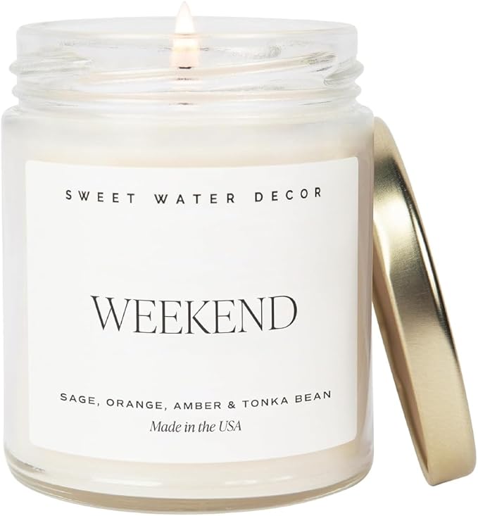Sweet Water Decor Weekend Candle - Soy Citrus, Grapefruit, Sage, Amber, and Oakmoss Scented Earthy Candles for Home - 9oz Clear Jar with Gold Lid, 40+ Hour Burn Time, Made in The USA