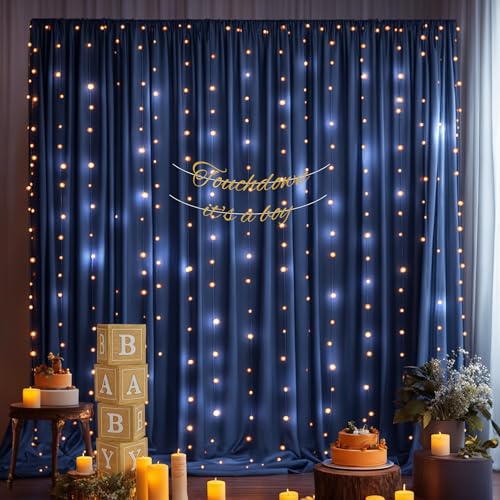10x10ft Navy Blue Backdrop Curtains with Lights Wrinkle Free Fabric Backdrop Curtain for Wedding Birthday Party Baby Showe...