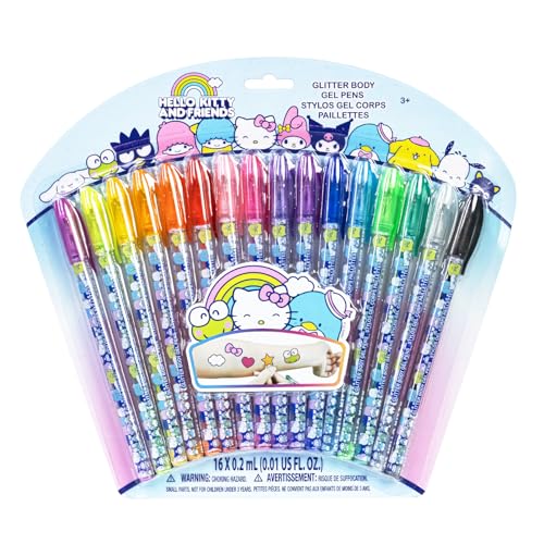 Townley Girl Hello Kitty and Friends 16 Piece Glitter Pen Body Art Set, Glittery and Bright Colors, Ages 3