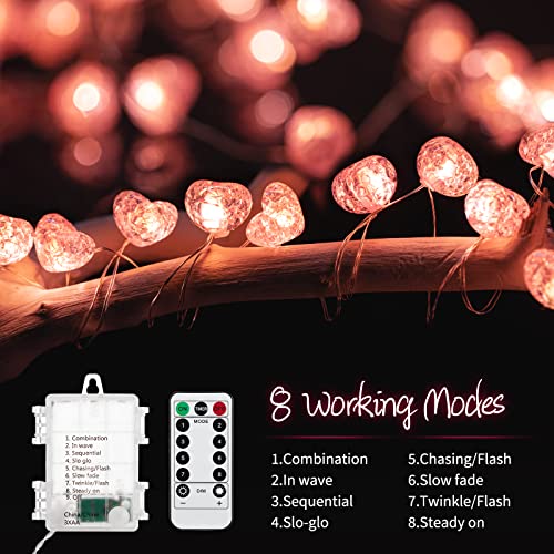 Valentine’s Day Fairy String Lights - 10.5 ft 30 LED Pink Heart Battery Operated Fairy Lights with Timer and Remote, Twink...