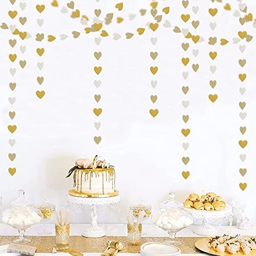 White-Gold Champagne Party-Decorations Heart Streamers Garland - 52Ft Christmas Wedding Engagement Hanging Paper Banner,Ba...