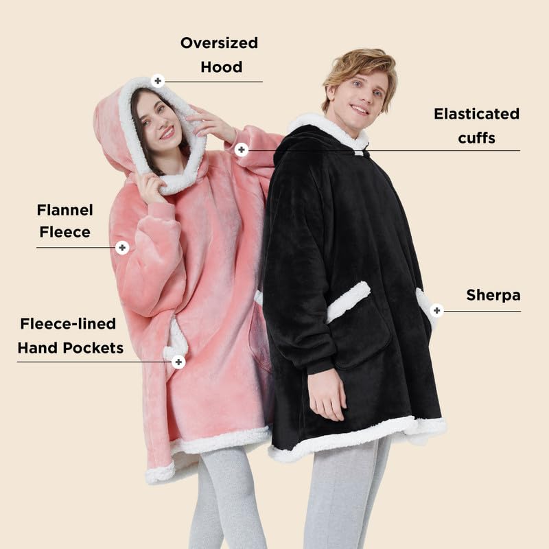 Bedsure Blanket Hoodie, Wearable Blanket for Adults & Kids as Gifts for Women Men, Birthday Gifts for Women Mom Girl Sherpa Oversized Hoodie, Black, Oversize