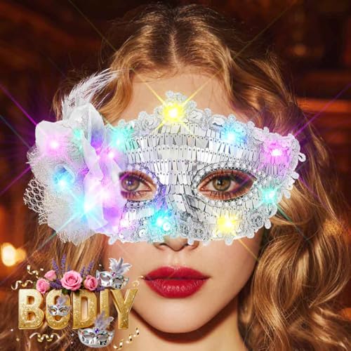 BODIY Light Up Masquerade Mask Halloween Black Venetian Masks Prom Costume Eye Mask for Women