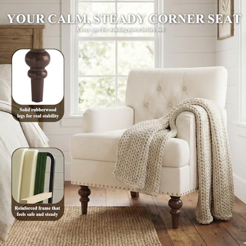 MALOL Upholstered Accent Chair with Thick Cushion, High Back Reading Chair, Linen Blend Armchair with Solid Rubberwood Leg...