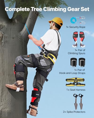 VEVOR Tree Climbing Spikes Set, 1 Pair Height-Adjustable Climbing Spurs with Security Harness and Utility Rope, 350lbs Loa...