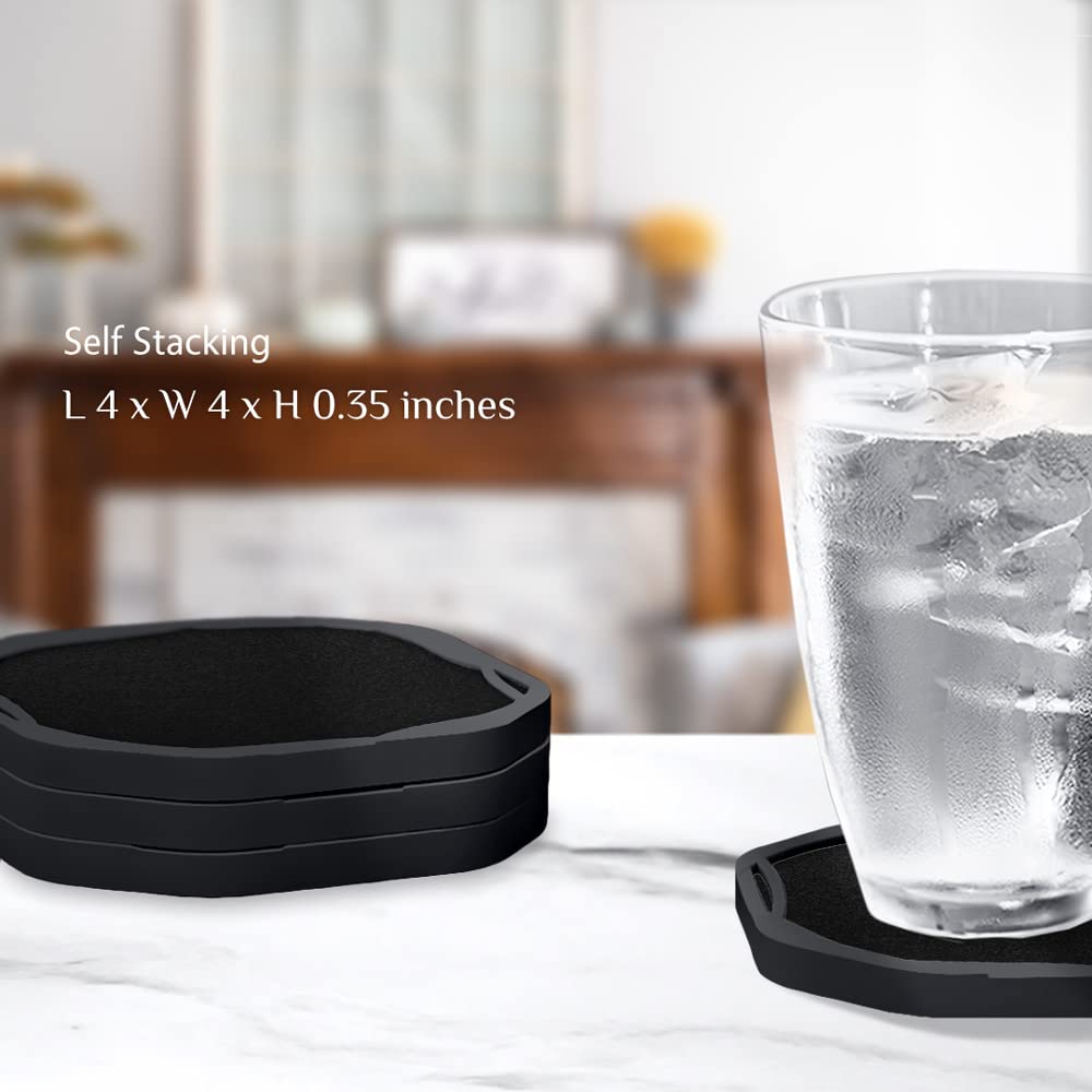 UMIRRO Absorbent Coasters for Drinks, Cool Silicone Cup Coaster with Felt Insert for Modern Coffee Table Decor, Small Unique Birthday Gift Ideas for Men Dad Him Women Mom Her, 4", Black, Set of 4