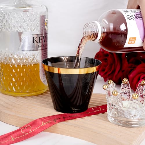 supernal 200 Pcs Gold and Black Plastic Cups-9oz Heavy Duty Plastic Cups,Gold Rimmed Disposable Cups,Disposable Wine Glass...