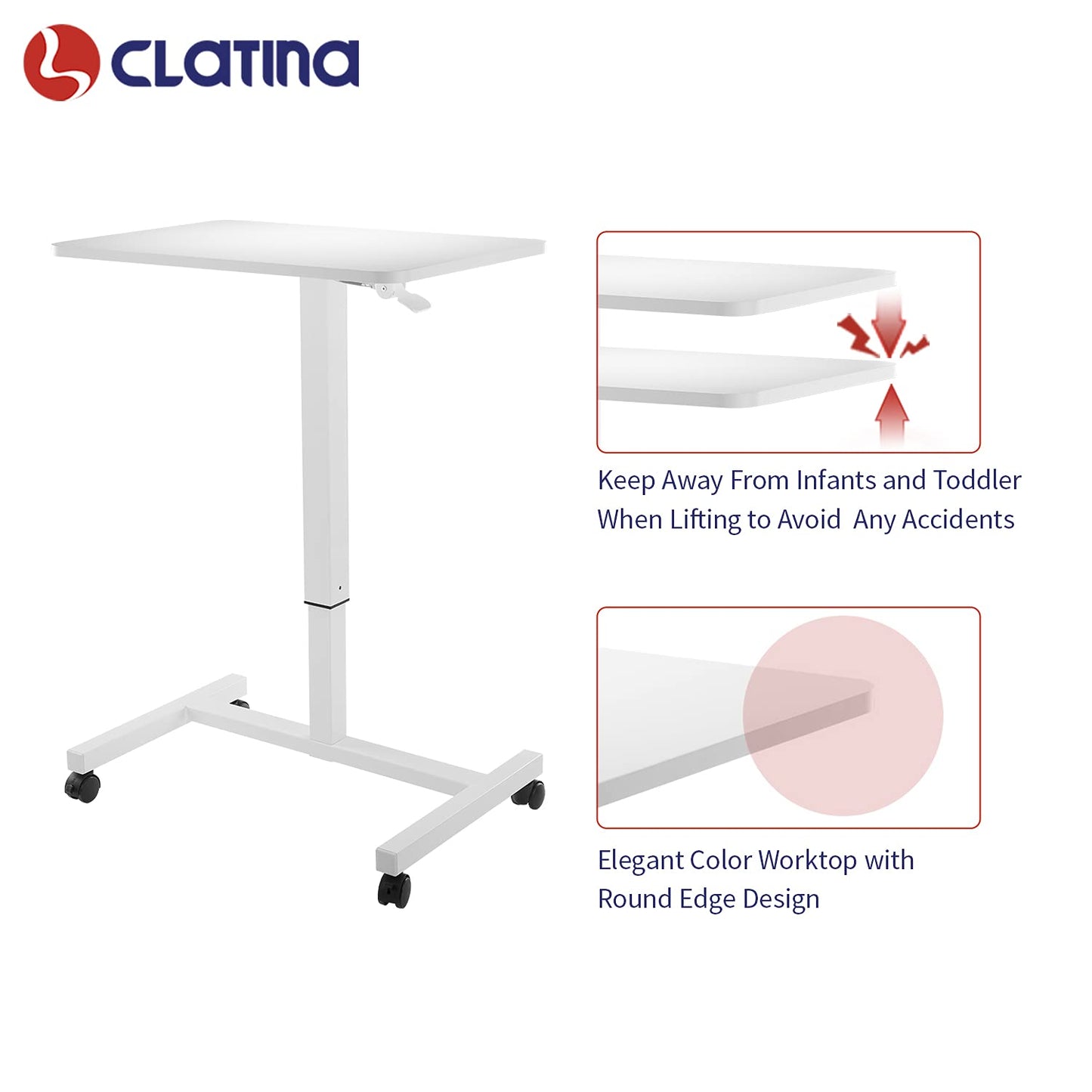 CLATINA Round Edge Design Elegant Mobile Laptop Desk Pneumatic Sit to Stand Table, Height Adjustable Rolling Cart with Lockable Wheels for Home Office Computer Workstation, 28" x 19" White