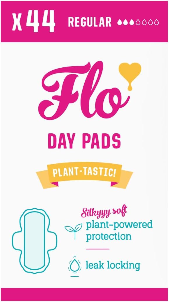 Flo - Day Menstrual Pads (44 Pack) - Regular Flow - Leak Locking - Winged + Ultra-Thin - Natural, Absorbent, Soft, & Breathable - Bamboo Period Pads for Women - Plant Based - Vegan & Cruelty Free