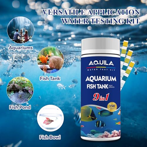 Aquarium Water Test Kit 9-in-1, Aquarium Ammonia Test Strips for Fish Tanks and Ponds, 150 Strips Testing pH Total Alkalin...