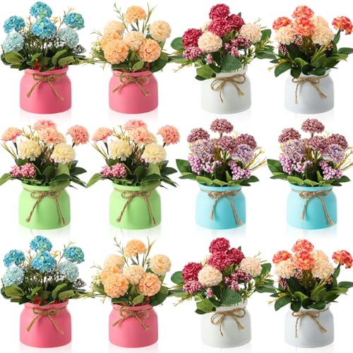 Suncalla 12 Pcs Hydrangea Artificial Flowers in Vase Artificial Hydrangea Potted Small Fake Flowers Table Centerpiece Deco...
