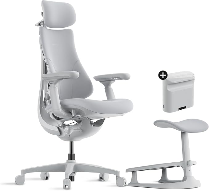 LiberNovo Dynamic Ergonomic Desk Chair + StepSync Footrest + Extra Battery Bundle - Comfy Home Office Chair with Adaptive Lumbar Support, 160° Recline & Built-in Spine Stretch, Gray+45cm