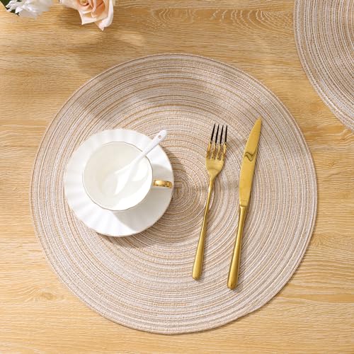 SHACOS 15 inch Round Braided Placemats Set of 6 Cotton Polyester Place Mats Non Slip Heat Resistant Washable Table Mats fo...