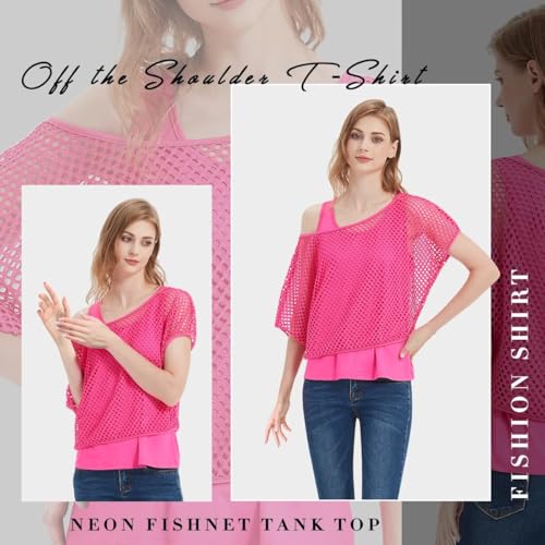 WILDPARTY Women's Casual Sexy Off Shoulder T-Shirt 80s 90s Outfit 80's Costume Fishnet Neon Shirt Summer Short Sleeve