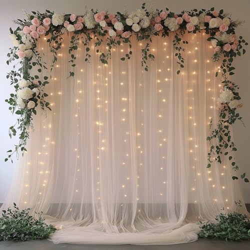 EMHOLDBU Champagne Tulle Backdrop Curtain with Lights String10x8ft Sheer Drapes for Wedding, Birthday, Baby Shower, Bridal...