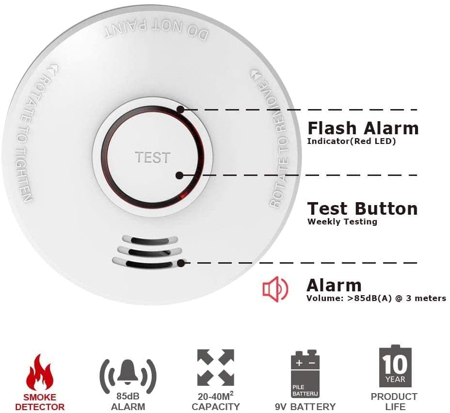 LSHOME 4 Pack Smoke Detector Fire Alarms 9V Battery Operated Photoelectric Sensor Smoke Alarms Easy to Install with Light Sound Warning, Test Button,9V Battery Included Fire Safety for Home