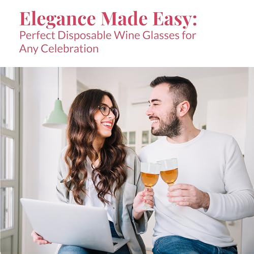 Prestee Stemmed Disposable Wine Glasses - 10 oz Clear Plastic Wine Glasses BPA-Free - Easy Assembly for Parties Weddings P...